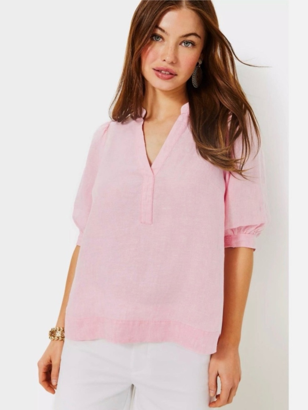 Lilly Pulitzer Soft Pink V-Neck Puff Sleeve Tunic